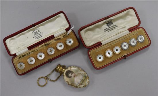 Four 9ct gold and mother of pearl mounted dress studs, one 18ct gold stud, three diamond and mother of pearl studs & 4 others.